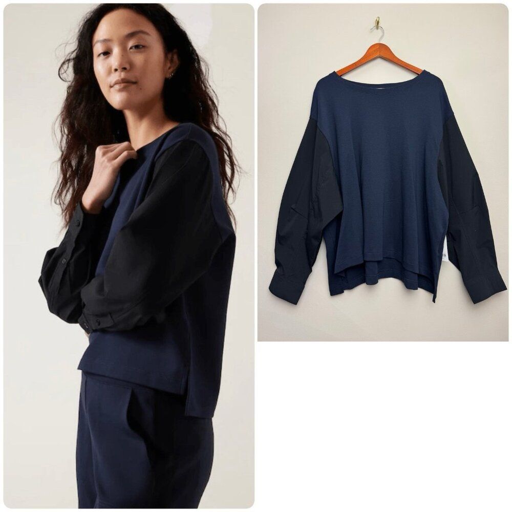 Womens Athleta Harlow Hybrid Top Plus Size 3X Top Blue Black Long Sleeve